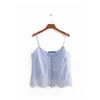 Women's Tanks Summer Crop Top Women Shirt Button Blue White Striped Tunic Sexy Lace Crochet Korean Streetwear Laipelar