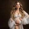 Charming Pearls Bridal Bathrobe Sweetheart Puffy Sleeve Womens Photo Shoot Dress Front Slit Night Robe Maternity Photography Wear