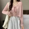 Damesbreien Vrouw T-shirt Zomer Dunne boog Solid kleur Korte dames Cardigan Koreaanse mode Casual zonbescherming 2023 Top vrouwen stof