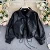 Womens Leather Faux Moto Biker Jacket Korean Retro Bf Black Loose Jackets Button Up Big Pocket Slim Short Motorcycle 230809