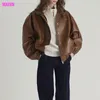 Womens Leather Faux Women Cow Coat Bomber Jacket Spring Autumn American Vintage Brown Waxy Pilot Jackets Oversize Roupas Femininas 230809