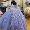 Blå glänsande bollklänning quinceanera klänning applikation 3dflower med sjal ärmar pärlstav prinsessan klänning spets lång söt 15 klänning