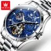 Wristwatches OLEVS Men's Wristwatch Top Brand Automatic Mechanical Watch for Man Stainless Steel Deep Waterproof Moon Phase Starry Dial 230809