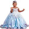 Abito da ballo blu cielo Abiti da ragazza di fiori per matrimonio Vedi Thro Beaded Puffy Little Girls Pageant Dress Fiori 3D Bambino Primo Commu260A