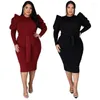 Plus -klänningar för kvinnor puffhylsa Turtleneck Bodycon Elegant Office Lady Dress med Sashes Wholesale DRO 3XL 4XL 5XL 6XL