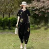 Survêtements pour femmes 2023 été ensemble décontracté ample col rond impression manches courtes haut en coton Harun trois-quarts pantalon deux pièces femme