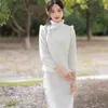 エスニック服2023冬のチョンサム2ピースベスト刺繍内レースコンポジットプラスベルベットロングタンスーツQipao Wedding Dress for Women