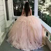 Charmant volants à plusieurs niveaux rose clair Quinceanera robes hors épaule appliques perle douce 16 robe corset dos tulle robes de bal 328 328