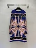 Autumn Blue Chains Print Panelled Dress Long Sleeve Round Neck Pockets Short Casual Dresses B3G041818