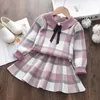 女の子Sドレスメノアの子供秋のヒョウ服子供冬のセータードレスレン長袖猫デザインガールズ衣類ニットボウ230810