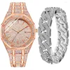 Zegarek obserwuj bransoletkę dla mężczyzn Cuban Cain Charm loded Out Prosty Diamond Gold Set Biżuteria RELOJ