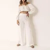 Women's Two Piece Pants Summer Casual Shorts Set 2023 Fashion One Shoulder Long Sleeves Navel High Waist Elastic Wide Leg