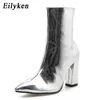 Boots Eilyken 2024 Fashion Gold Silver Patent Leather Women Ankle Boots Pointed Toe Square High Heels Shoes Chelsea Botas De Mujer 230809