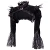 Women's Jackets Black Gothic Punk Cropped Jacket Long Sleeve Feathers Lace Cardigan Stand Collar Steampunk Bolero Plus Size Women Victorian