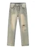 Men's Jeans Ripped Mud Yellow Loose Straight Leg Pants High Fashion