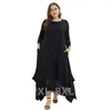 Plus Size Kleider Damen Vintage Maxikleid Frühling Solide O-Ausschnitt Nähte Langarm Asymmetrisch Lose Lässig 3XL 4XL 5XL 6XL