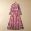Summer Pink Paisley Print pärlor chiffongklänning långärmad v-hals panelerade långa maxi casual klänningar S3W030427