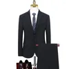 Fatos de treino masculinos 2023 outono masculino preto marinho blazer e calças 2 pçs conjunto de terno negócios casual gola entalhada casaco calça twinset roupas escritório