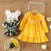 Flickans klänningar Blomma tryck TurnDown Collar Long Flare Sleeve Girls Dress Sweet Kids Clothes 1-6y Spring Fall Kids Dresses For Girls