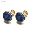 Manschettlänkar Lowkey Luxury Lapis Lazuli Cufflinks för herrguldfärg Lepton Högkvalitativ runda Lazurite Stone Links Relojes Gemelos 230809