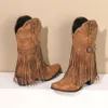 Botlar Western Cowboy Kadınlar 2023 Saçak Yığılmış Topuklu Geniş Buzağı Retro Kaydı Sıradan Ayakkabılar Artı Boyut 43 Dropshopping 230810