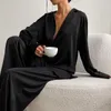 Vêtements de nuit pour femmes printemps été noir mince maison vêtements Satin pyjamas Femmes glace soie ample à manches longues pyjama ensemble Sexy col en V