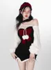 Two Piece Dress HOUZHOU Christmas Women Outfits Winter Sexy Party Bow Patchwork Strapless Lace Up Crop Top Cute Suit 230810