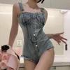 Regatas femininas Sexy Tank Tops Crop Top 2023 Moda Denim Delicado Botões Bustier Colete Feminino Skinny Dance Halter Bralette Bodysuit