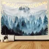 Tapisserier Misty Forest Tapestry Foggy Mountain Wall Hanging Magical Tree Tapestries Nature Woodland Mural Filt Decor Bakgrund Tyg R230810