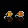 Stud Earrings Creative Natural Yellow Chalcedony Transparent Round Bead Pendant Chinese Style Retro Craft Female Silver Jewelry