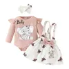 Ensembles de vêtements pour bébés filles à manches longues imprimés de dessins animés côtelés barboteuse body bretelles jupes bandeaux pantalons à carreaux juniors tenue adolescente