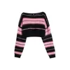 Women's Sweaters Y2K Korean Style Pink Cropped Sweater Women Striped Jumper Vintage Female Autumn Long Sleeve Crewneck Pullovers Tops 230809