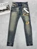 Herren-Jeans, Designer-Herren-Lila-Hose, Pantalones, zerrissen, gerade, normaler Denim, Risse, ausgewaschen, alte lange Löcher