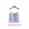 Women's Tanks Summer Crop Top Women Shirt Button Blue White Striped Tunic Sexy Lace Crochet Korean Streetwear Laipelar