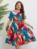 Plusstorleksklänningar för kvinnor 2023 Summer Short Sleeve O-Neck Fashion Vintage A-Line Print Big Party Casual Dress 3xl 4XL