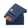 Men's Jeans Autumn Spring Dark High Quality Cotton Print On Pockets Personality Vintage Stretch Fitted Straight Trousers