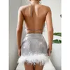 Basic Casual Dresses Solid Sequin Feather Slim Two Piece Set Women Sexy V Neck Halter Backless Crop Tops High Waist Slit Mini Skirts Club Streetwear 230809