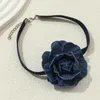 Gargantilha Romântica Grande Flor Rosa Clavícula Corrente Colar Feminino Elegante Moda Coreana Curto Azul Denim Jóias Feminina