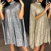 Plus Size XXL Sexy Party Sequin Glitter Dress Mock Neck Cape Design Sequins Cloak Sleeves Dresses Pink Black Gold Gray T230810