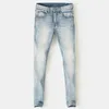 Мужские джинсы модельер -дизайнер высококачественный ретро светло -серый синий эластичный тонкий мат