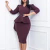 Plus Size Dresses Women Elegant Solid Long Sleeve Ruffles Africa Office Ladies Bodycon Midi V Neck Pencil Dress With Belt Brooch