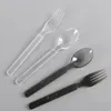 Genomskinlig svart matkvalitet plastsked, extra tjock kniv och gaffel, fest picknick bordsartiklar