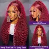 30 32 tum 99J Bourgogne Deep Wave 13x4 Spets Front Wig Red Colored Remy 180% Loose Curly Human Hair Spets Frontal Wigs