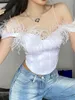 Débardeurs pour femmes Satin Plumes Corset Crop Top Soie Dos Nu Bretelles Spaghetti Patchwork Push Up Bustier Désossé Y2K Night Club Party Cami