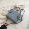 wholesale ladies shoulder bags 3 colors simple and versatile solid color thick leather handbag classic embroidered plaid chain bag street denim backpack 23029#