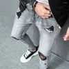 Men's Jeans Streetwear Personality Ripped Light Grey Washed Slim Fit Distressed Denim Trousers Autumn Youth Stretch Pencil Pants