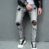 Men's Jeans Streetwear Personality Ripped Light Grey Washed Slim Fit Distressed Denim Trousers Autumn Youth Stretch Pencil Pants