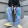 Men's Pants Graffiti jeans men's spring trend brand large elastic waist pants hip-hop wide leg pants on high streets straight and loose fitting Z230814