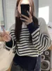 Women's Sweaters Oversized Sweater Vintage Striped Loose Slit Hem Long Sleeve Tops Solid Pullover 2023 Autumn/Winter Womens Clothes