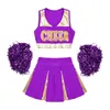 Cheerleading Kids Girls Dance Costume Sleeveless V Neck Letters Printed Crop Top med veckad kjol och 2st blommor bollar 230811